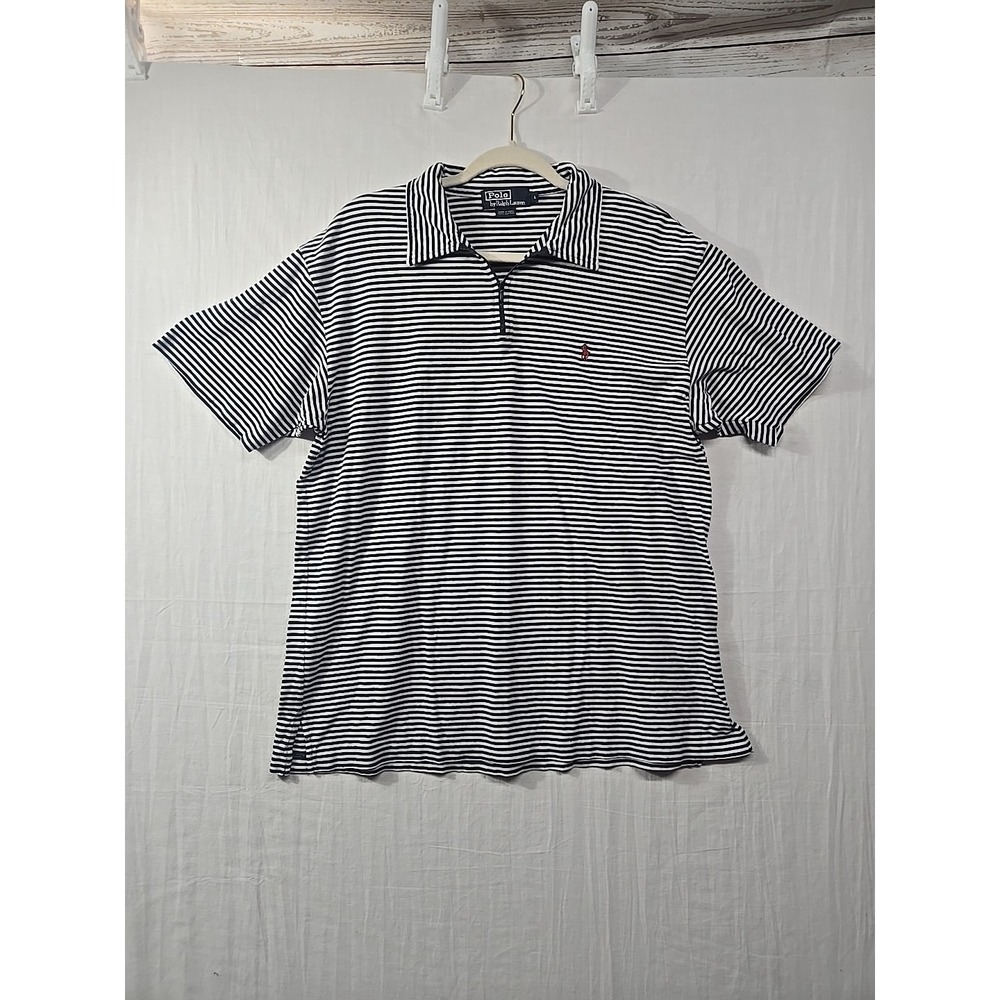 Vintage Polo Ralph Lauren Polo Short Shirt Men's L Navy White 1/4 Zip Striped